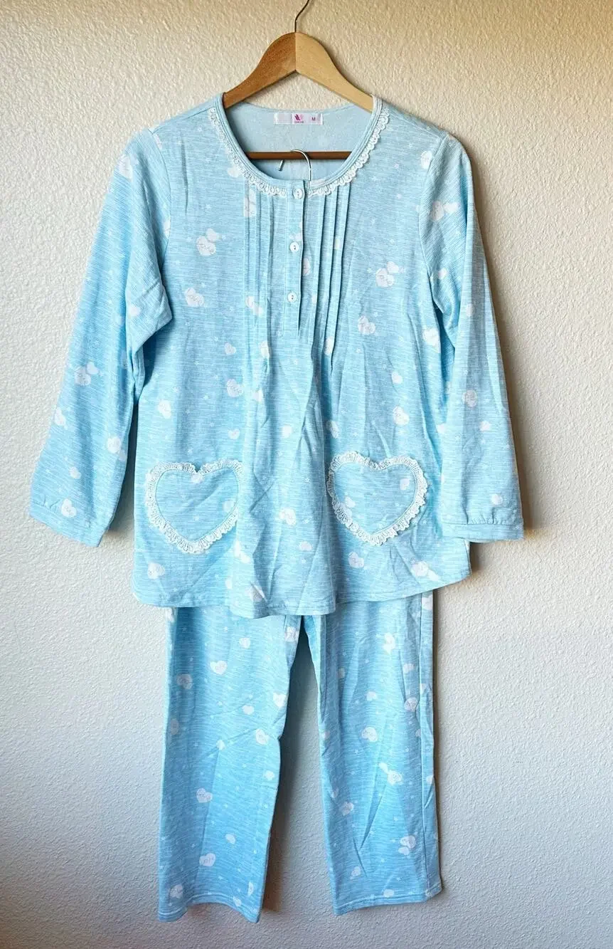 Wacoal Blue Floral Fleece Flannel Pajama Set Heart Lace Pockets Size M